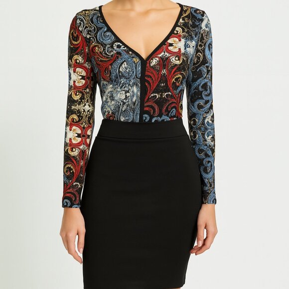 Nicole Miller New York Black & Scroll Print Dress Long Sleeve Pencil Midi size 6 - Picture 1 of 9